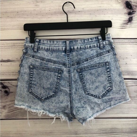 Windsor Acid Wash High Rise Cut Out Distressed Denim Shorts - Picture 2 of 10